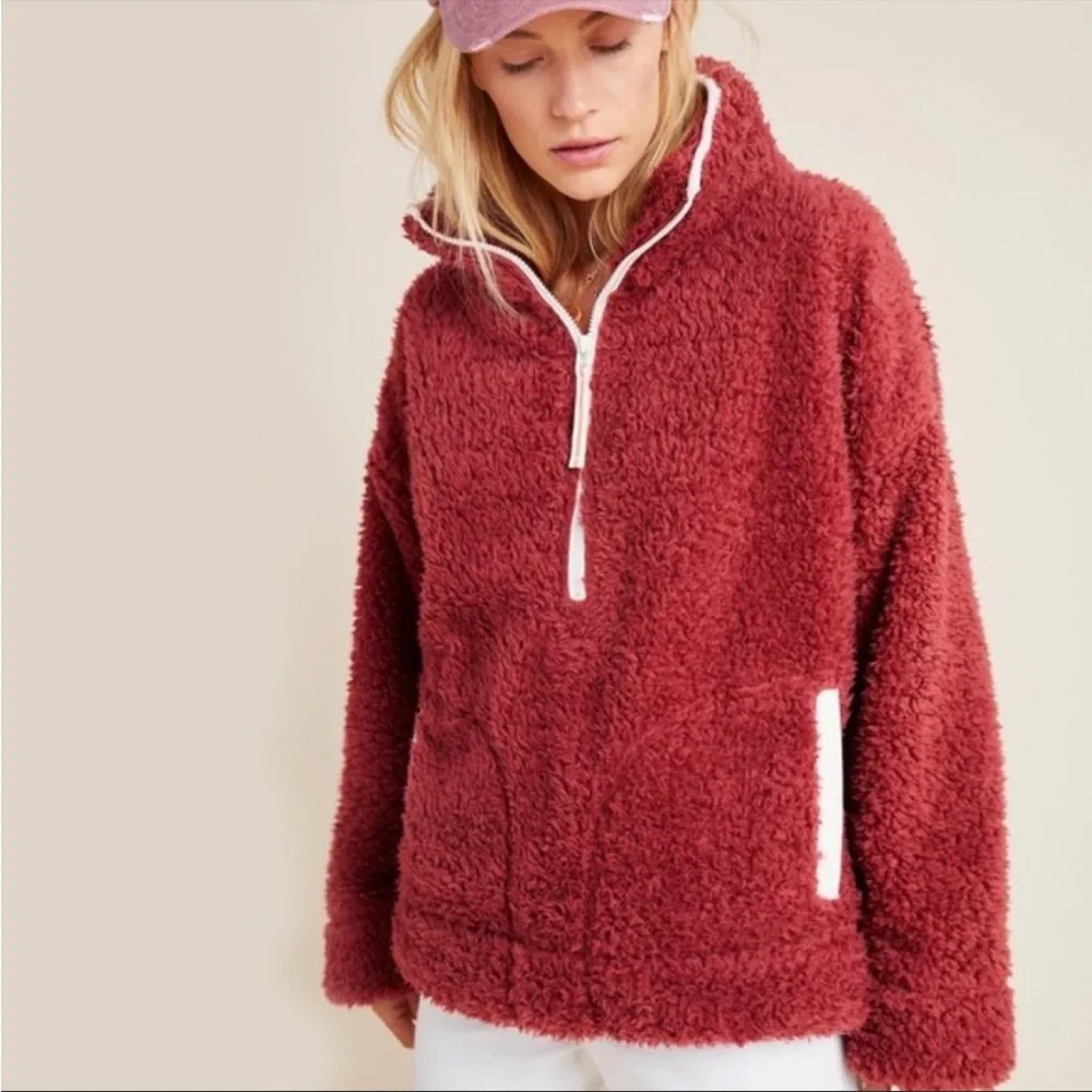 NWT Anthropologie Annette Sherpa Pullover Sweater 1/4 zip Cozy w/pockets XL